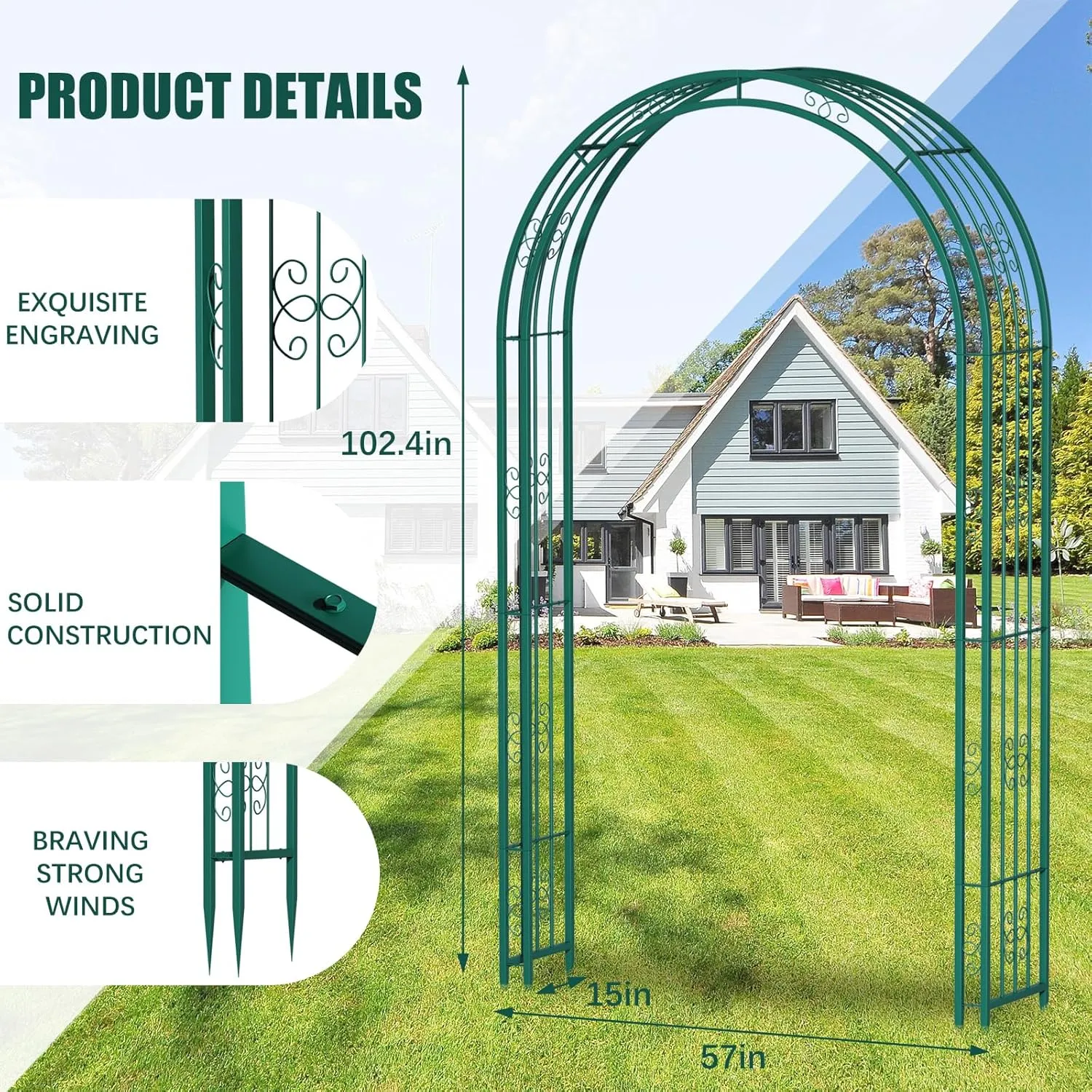 102in Steel Garden Arch Arbor Trellis for Climbing Plants Outdoor,Yard,Wide Sturdy Durable Garden Arch for Lawn,8.5ft Climbing Plants Decorative Wire Lattice,Outdoor Wedding Arch(Green)