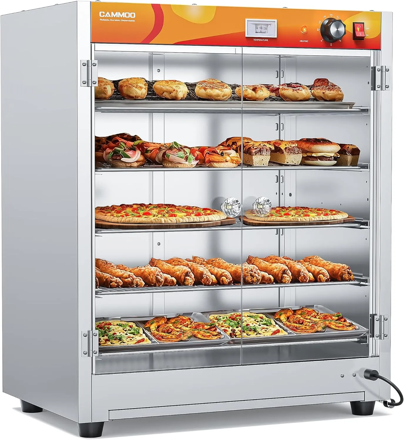 133Qt 5-Tier 900W Commercial Food Warmer with 304 Blued Stainless Steel Heating Element, 5MM Double-Tempered Glass Door, Adjustable Shelves, Electric Catering Hot Box Countertop Heated Holding Cabinet
