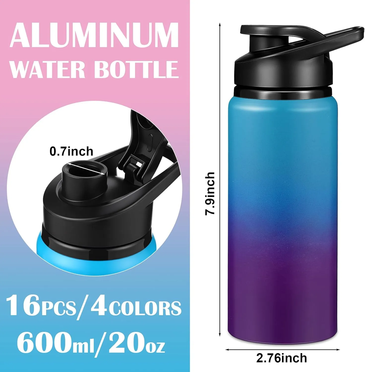 16 Pack Aluminum Water Bottles with Snap Lid Aluminum Reusable Sports Lightweight Leak Proof Water Bottles Bulk for Gym Hiking Cycling Sports Outdoor(20 oz)
