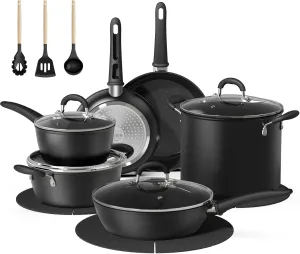 18 Pcs Pots and Pans Set Non Stick with 12-Quart Stock Pot, Nonstick Kitchen Cookware Sets with Utensils, Large Capacity Ceramic Cookware Set, PTFE/PFAS/PFOA Free, Black