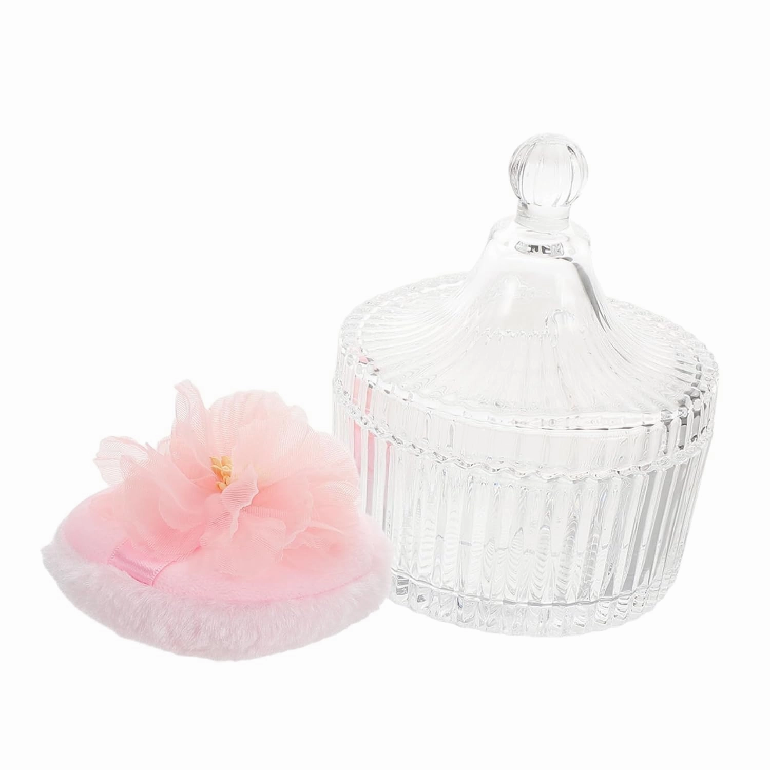 1 Set Powder Puff with Glass Dustproof Storage Box Dual Sided Velvet Makeup Puff for Body Powder Stylish Ribbon Flower Design Reusable Convenient Cosmetic Tool