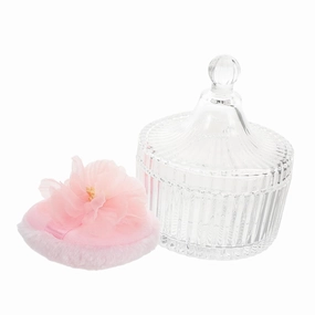 1 Set Powder Puff with Glass Dustproof Storage Box Dual Sided Velvet Makeup Puff for Body Powder Stylish Ribbon Flower Design Reusable Convenient Cosmetic Tool