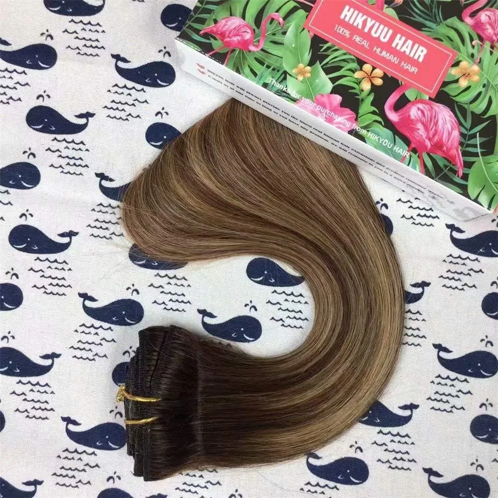 20 Inch 85g Remy Balayage Ombre Clip in Hair Extensions Double Weft 100% Remy Human Hair Clip in Extensions 4/27/4 Balayage Color 7 Pieces