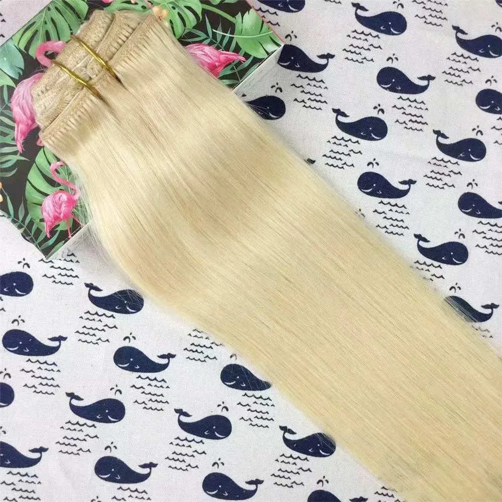 20 Inch Full Head Clip in Hair Extensions Straight Remy Hair 85g 7pcs Clip in Human Hair Double Weft Blonde #613