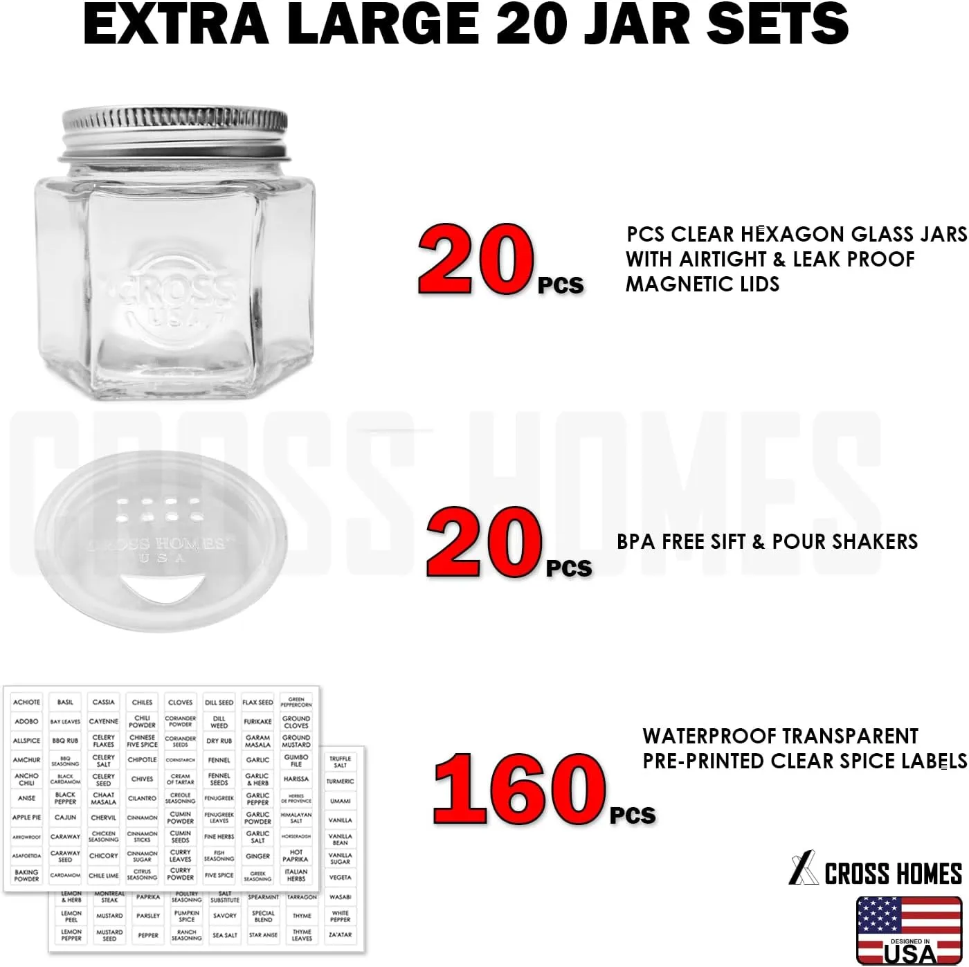 20 Set Magnetic Spice Jars Large 4 oz Refrigerator Hexagon Glass Spice Jars Magnetic Lids Shaker Spice Labels Magnetic Glass Spice Containers for RV Travel Trailer Kitchen Fridge Cabinet Wall mount