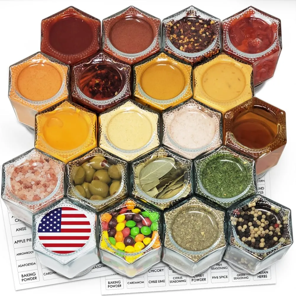 20 Set Magnetic Spice Jars Large 4 oz Refrigerator Hexagon Glass Spice Jars Magnetic Lids Shaker Spice Labels Magnetic Glass Spice Containers for RV Travel Trailer Kitchen Fridge Cabinet Wall mount