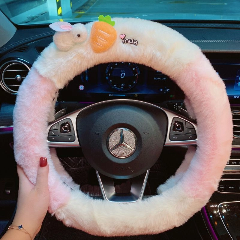 2022 new rabbit radish bear car steering wheel cover autumn and winter plush sweat-absorbing anti-skid handlebar cover goddess