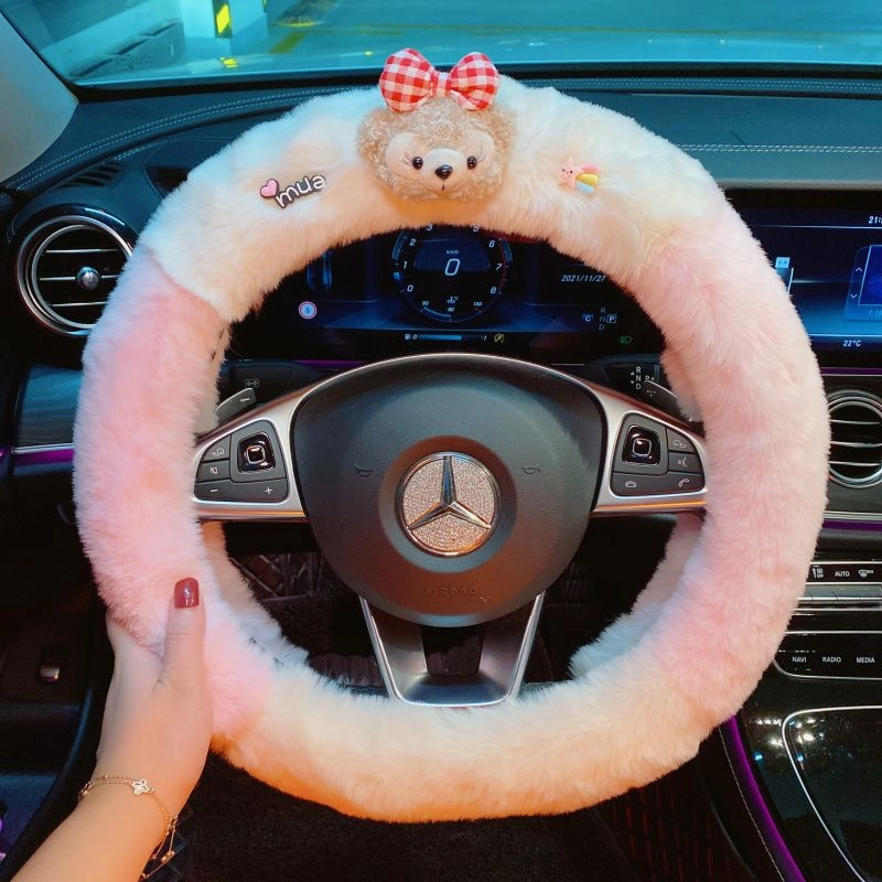 2022 new rabbit radish bear car steering wheel cover autumn and winter plush sweat-absorbing anti-skid handlebar cover goddess
