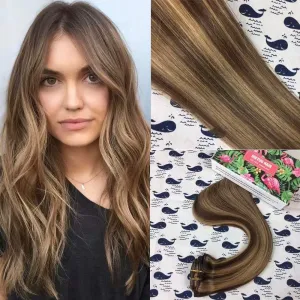 22 Inch 110g/7pcs Remy Human Hair Extensions Clip in Highlighted Brown Mixed with Caramel Blond Remy Double Weft Brazilian Remy Clip in Hair Extensions