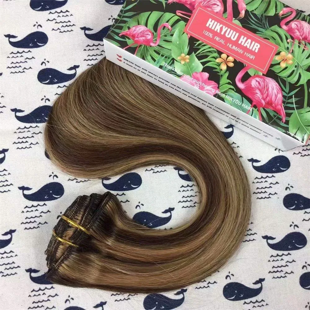 22 Inch 110g/7pcs Remy Human Hair Extensions Clip in Highlighted Brown Mixed with Caramel Blond Remy Double Weft Brazilian Remy Clip in Hair Extensions