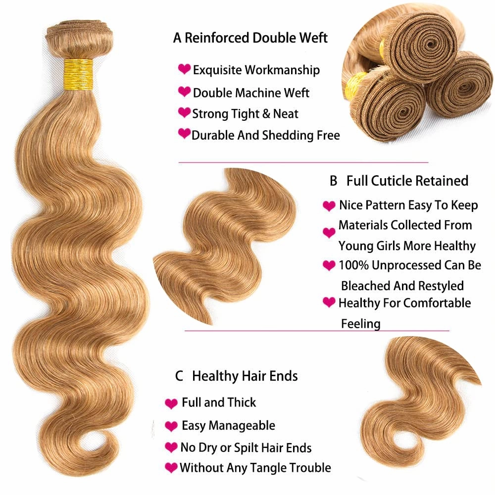 24 26 28 inch P27/613 Honey Blonde Body Wave Bundles Honey Blonde Bundles Human Hair Brazilian Virgin Remy Hair Extensions Double Weft P27/613 Bundles Human Hair Weave Extensions
