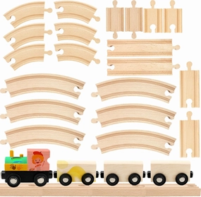 24 Pcs DIY Wooden Trains Unfinished Magnetic Wooden Train Cars with Track for Train Track Themed Party Supplies Birthday Gifts Craft Painting Activities