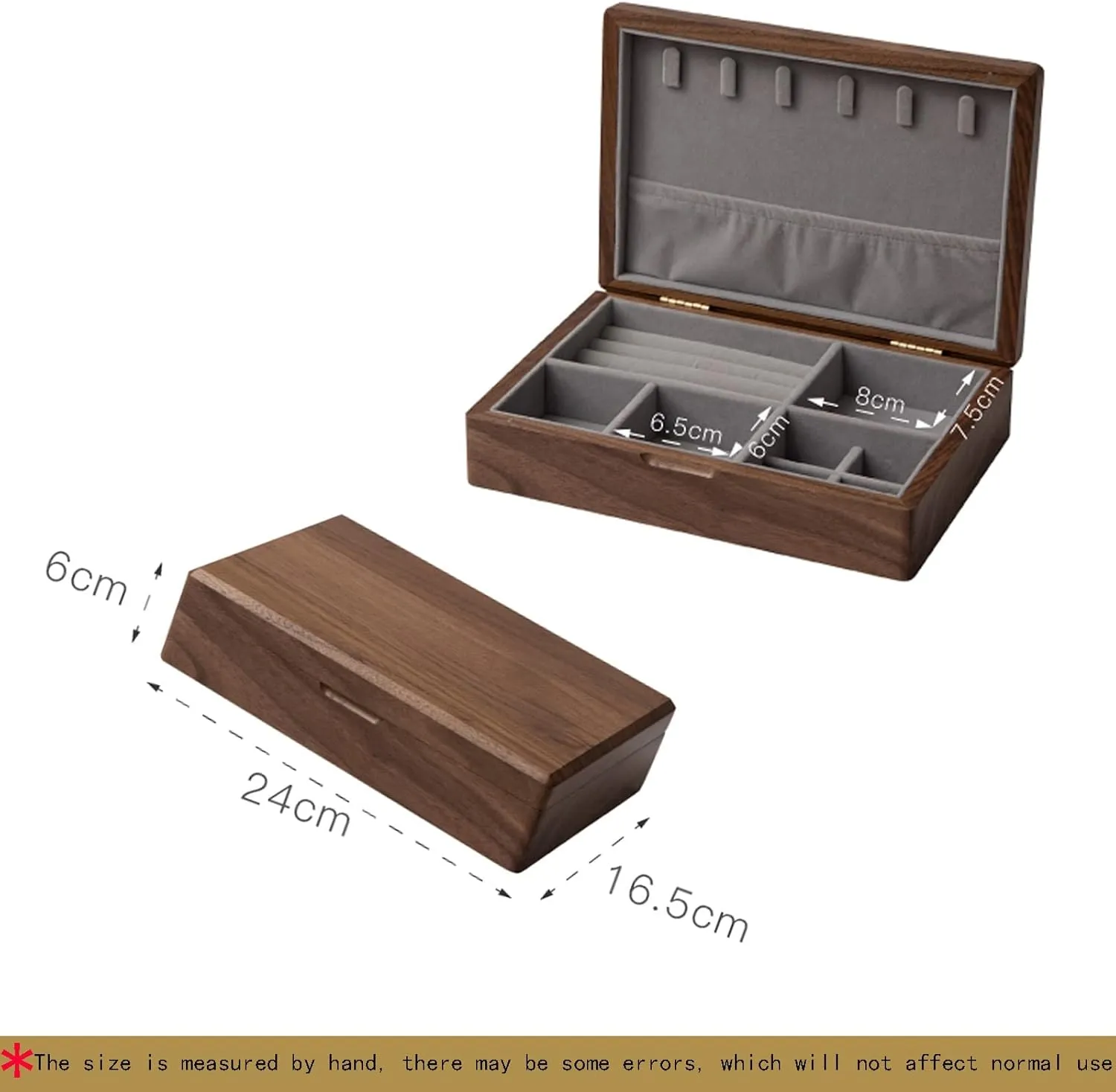 24x17x6cm, Wooden Jewelry Box, Jewelry Holder for Women Girls, Solid Wood Jewelry Storage Box, velvet cloth, Caring for Jewelry, For Earrings Bracelets Rings Watches