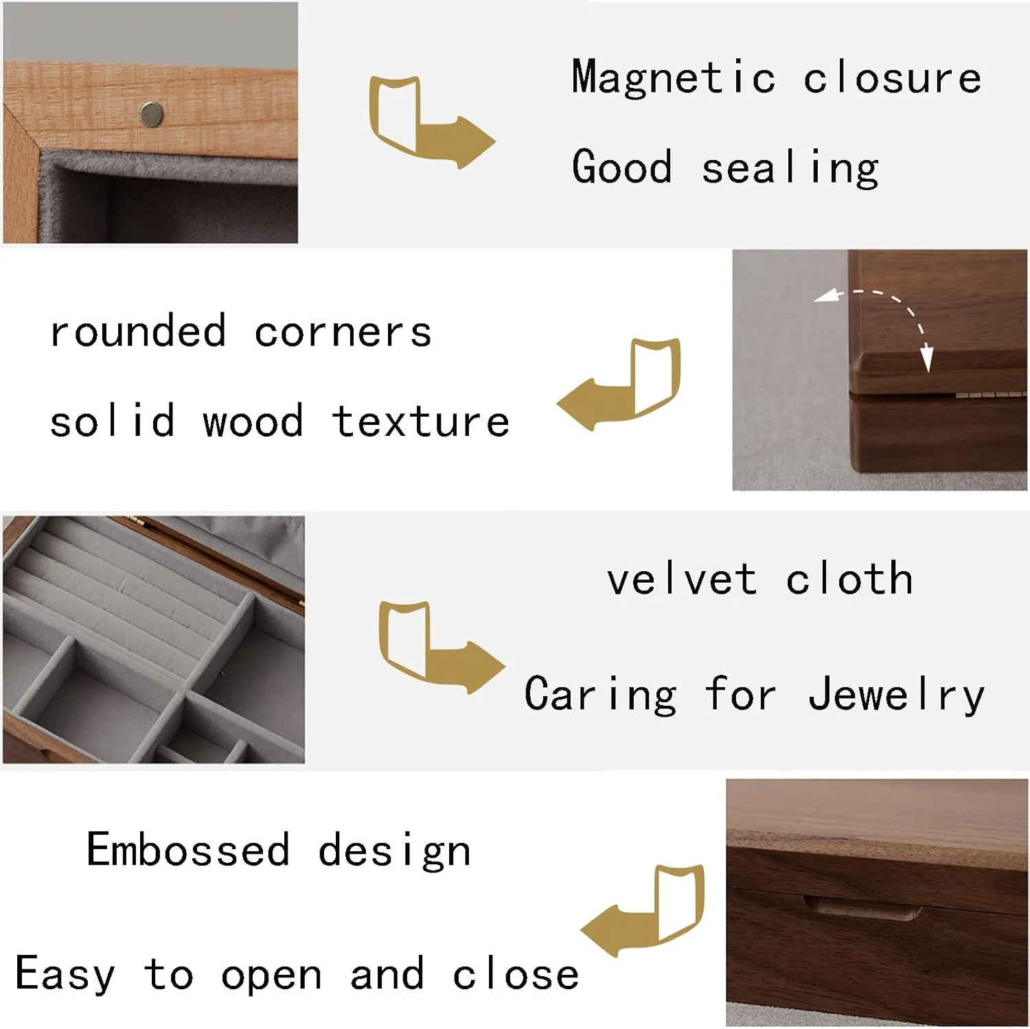24x17x6cm, Wooden Jewelry Box, Jewelry Holder for Women Girls, Solid Wood Jewelry Storage Box, velvet cloth, Caring for Jewelry, For Earrings Bracelets Rings Watches
