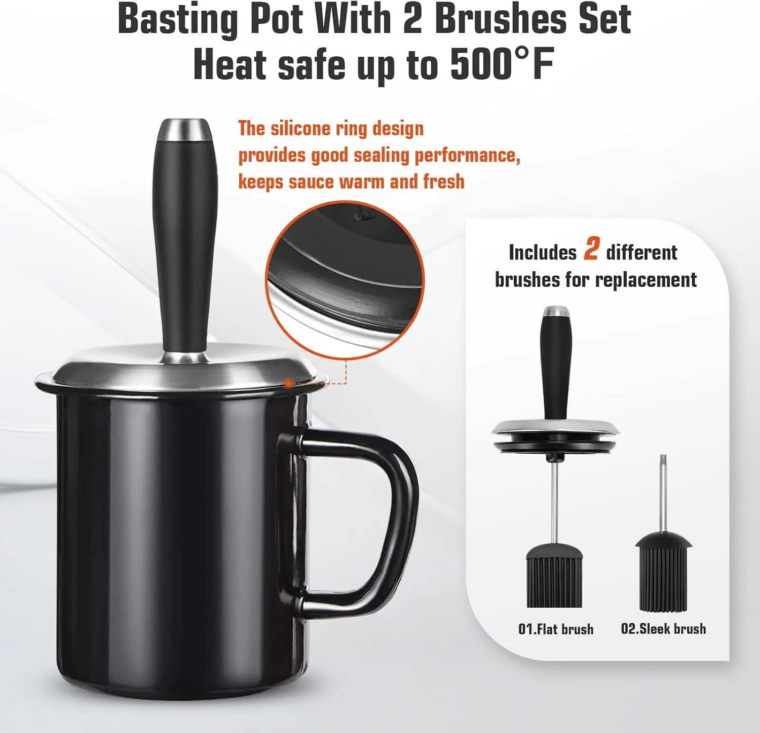 25oz Basting Pot with 2 Replaceable Basting Brushes Set,Fathers Day Grilling Gifts for Men for Dad，Grill BBQ Gifts Accessories，Premium Enamel Barbecue Sauce Pot