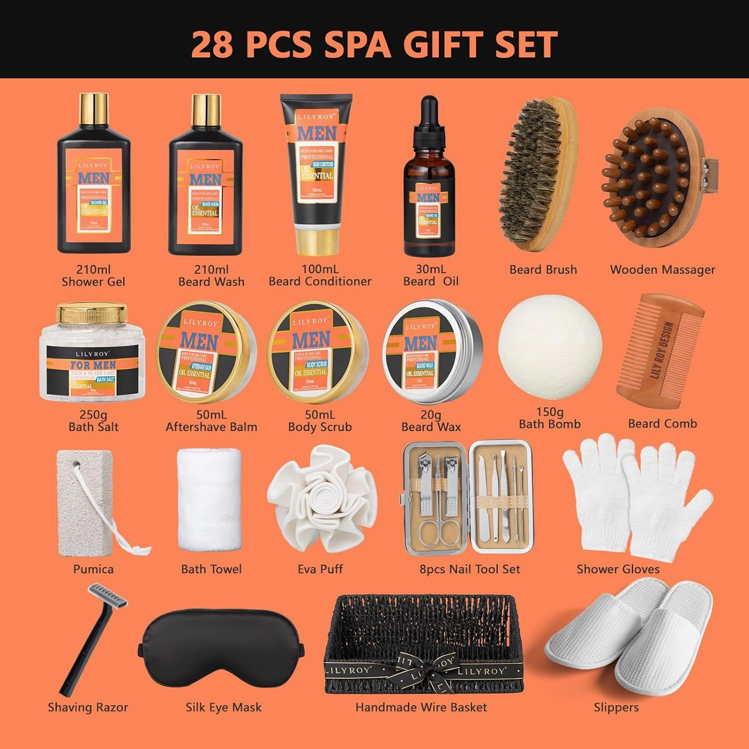 28Pcs Fathers Day Spa Gifts Basket for Men - Bath and Body Gift Basket Set for Dad with Massager & More | Perfect Gifts for Valentine's Day, Christmas, Birthday Gifts Beard Bath Spa Gift Set for Men