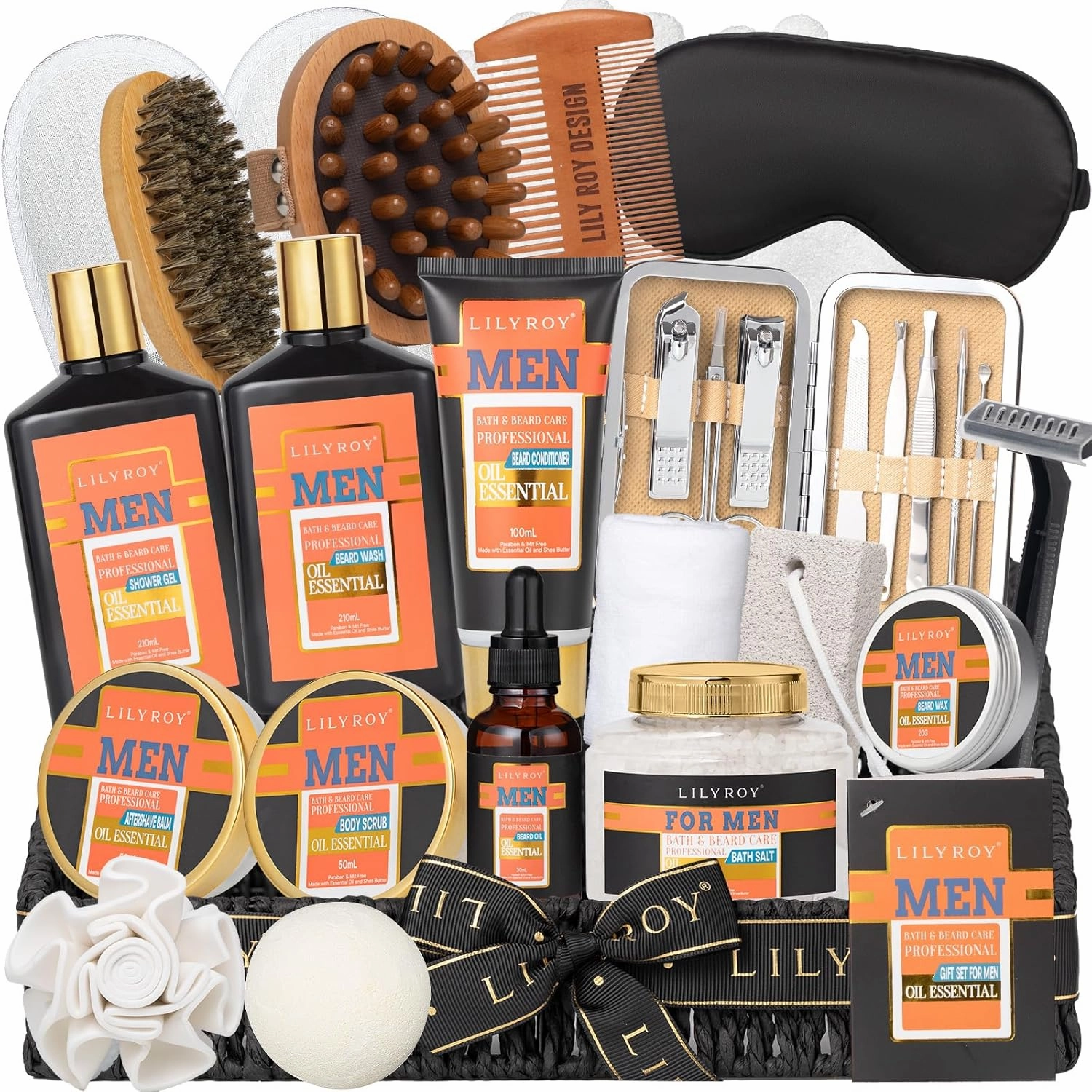 28Pcs Fathers Day Spa Gifts Basket for Men - Bath and Body Gift Basket Set for Dad with Massager & More | Perfect Gifts for Valentine's Day, Christmas, Birthday Gifts Beard Bath Spa Gift Set for Men