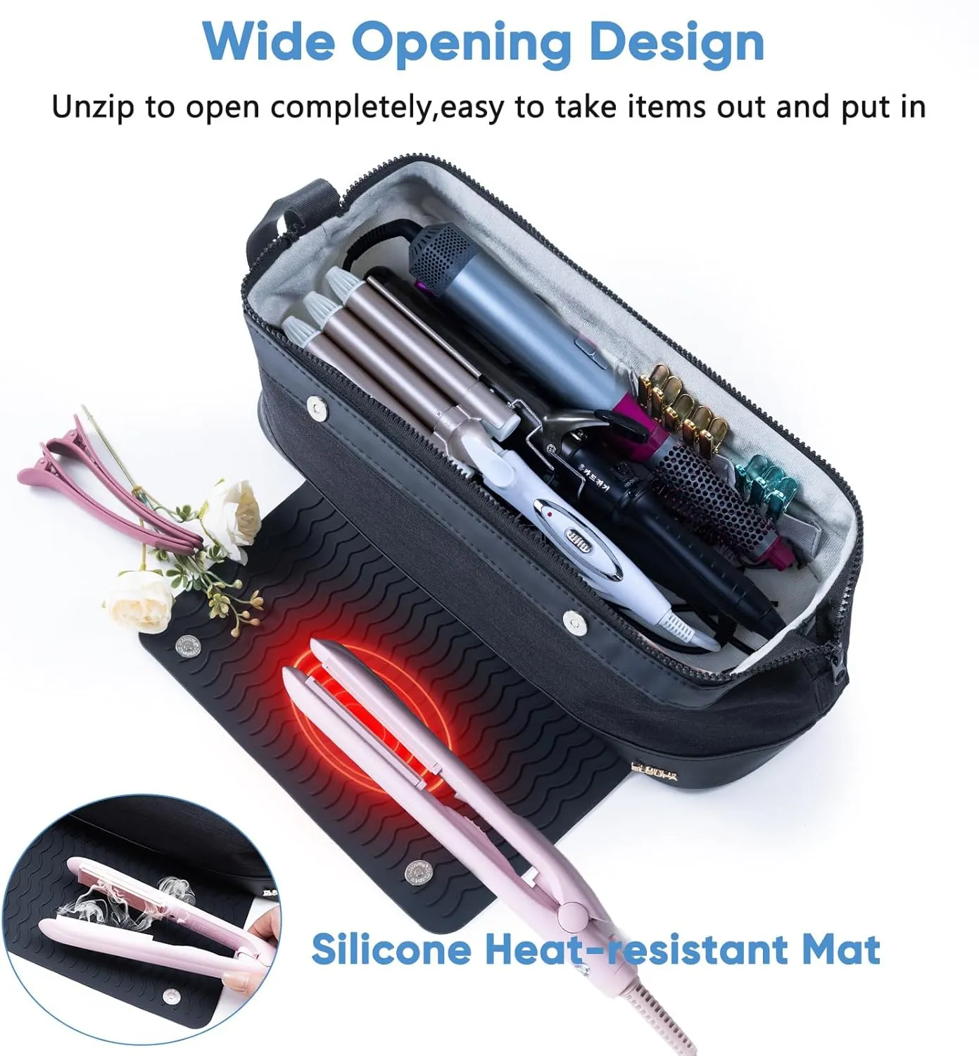 2IN1 Hair Tools Travel Bag with Heat Resistant Mat for Flat Irons, Straighteners, Curling Iron, and Haircare Accessories,Compatible with Revlon One Step Hair Dryer,Revlon Volumizer Hair Dryer Brush