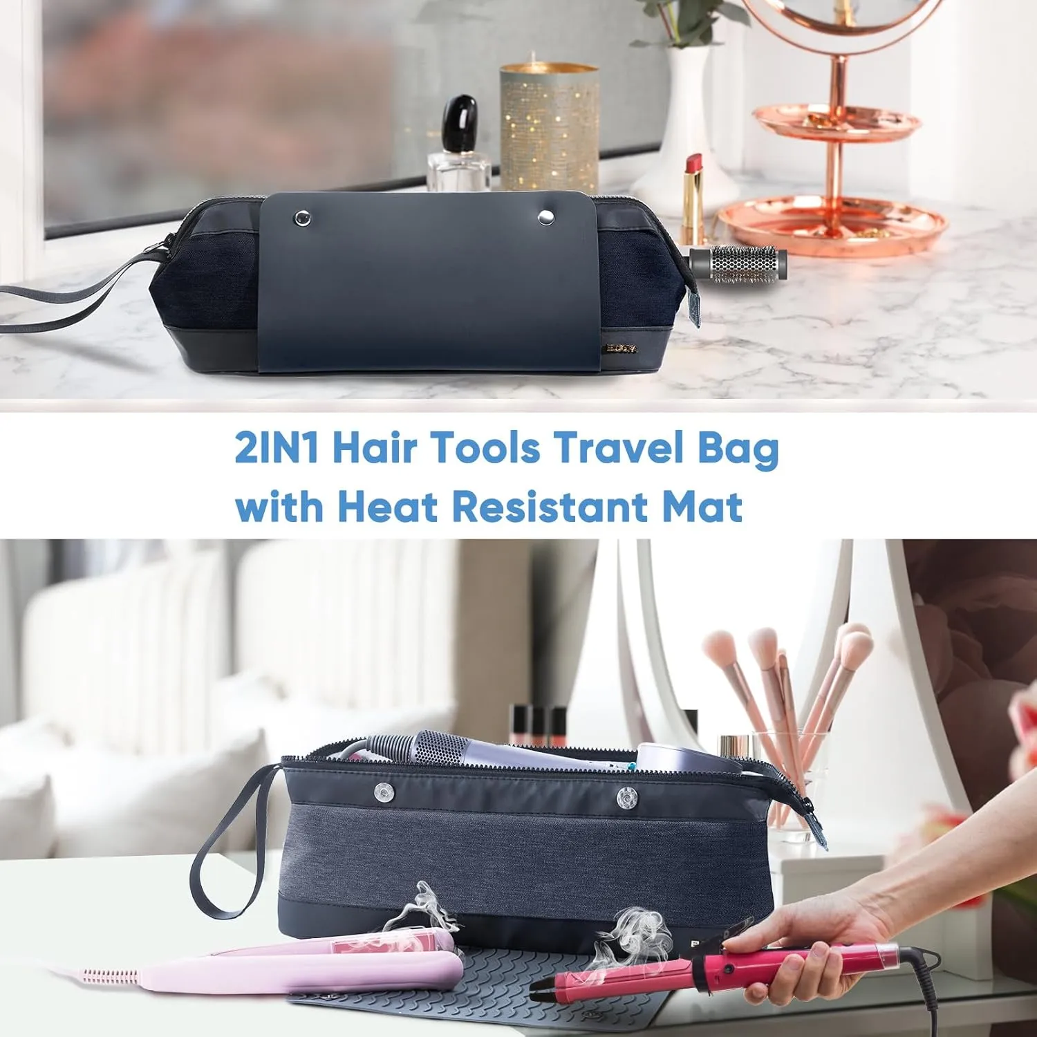 2IN1 Hair Tools Travel Bag with Heat Resistant Mat for Flat Irons, Straighteners, Curling Iron, and Haircare Accessories,Compatible with Revlon One Step Hair Dryer,Revlon Volumizer Hair Dryer Brush