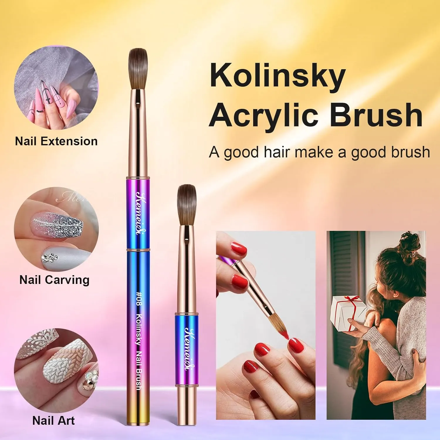 2PCS Acrylic Nail Brush, Nail Liner Brushes&Size #08 100% Kolinsky Nail Art Brushes for Acrylic Application, Sturdy Handle Oval Shaped Acrylic Nail Design Tools for Professional Manicure DIY