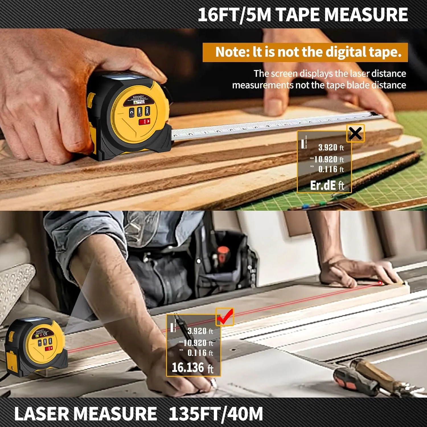 3-in-1 Digital Laser Tape Measure, 131ft Laser Distance Meter & 16ft AutoLock Tape, Laser Crosshairs, Magnetic Tip, Measuring Area/Volume/Pythagorean, Heavy Duty Belt Clip for Construction, DIY