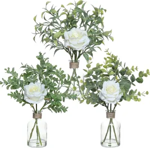 3 Pack Mini Fake Plants and Artificial Flowers with Faux Water in Vase,Silk Roses and Eucalyptus with Fake Water in Glass Vase for Centerpiece Table Decorations Kitchens Office Home decor (White)