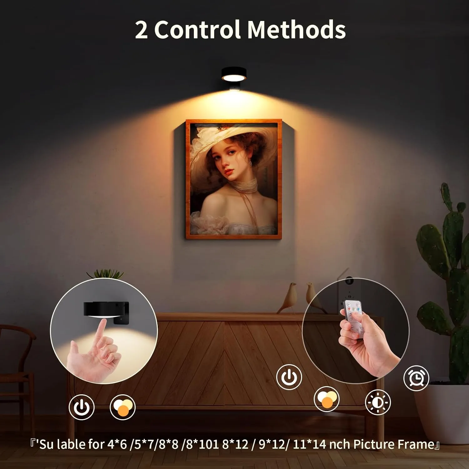 3 Pack Picture Lights for Wall, Rechargeable Battery Operated wall lights, Picture Frame lights with 3 Lighting Modes, Wireless Magnetic Painting Light with Remote Control Timer (Black, 3 Pack)