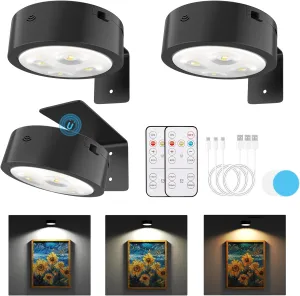 3 Pack Picture Lights for Wall, Rechargeable Battery Operated wall lights, Picture Frame lights with 3 Lighting Modes, Wireless Magnetic Painting Light with Remote Control Timer (Black, 3 Pack)