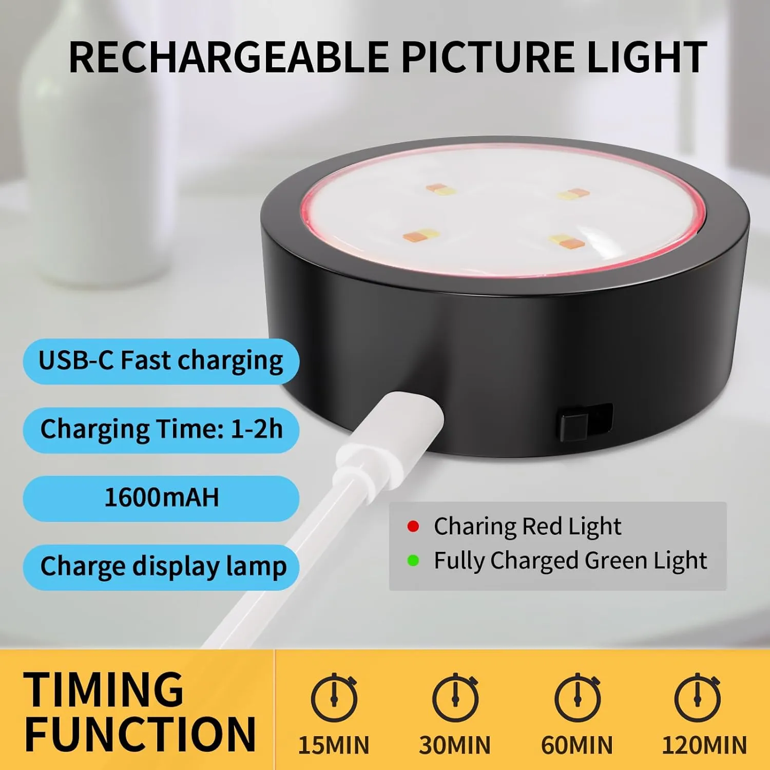 3 Pack Picture Lights for Wall, Rechargeable Battery Operated wall lights, Picture Frame lights with 3 Lighting Modes, Wireless Magnetic Painting Light with Remote Control Timer (Black, 3 Pack)