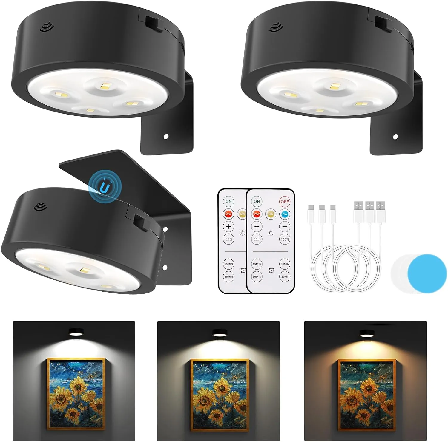 3 Pack Picture Lights for Wall, Rechargeable Battery Operated wall lights, Picture Frame lights with 3 Lighting Modes, Wireless Magnetic Painting Light with Remote Control Timer (Black, 3 Pack)