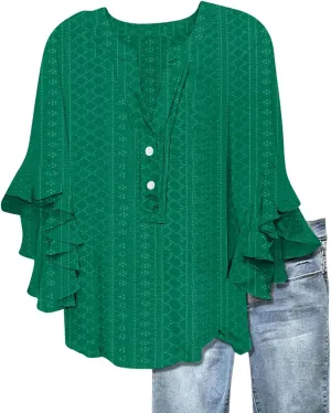 3/4 Length Sleeve Womens Tops Summer Eyelet Ruffles Batwing Shirts Button V Neck Tunic Top Beach Dressy Loose Blouse