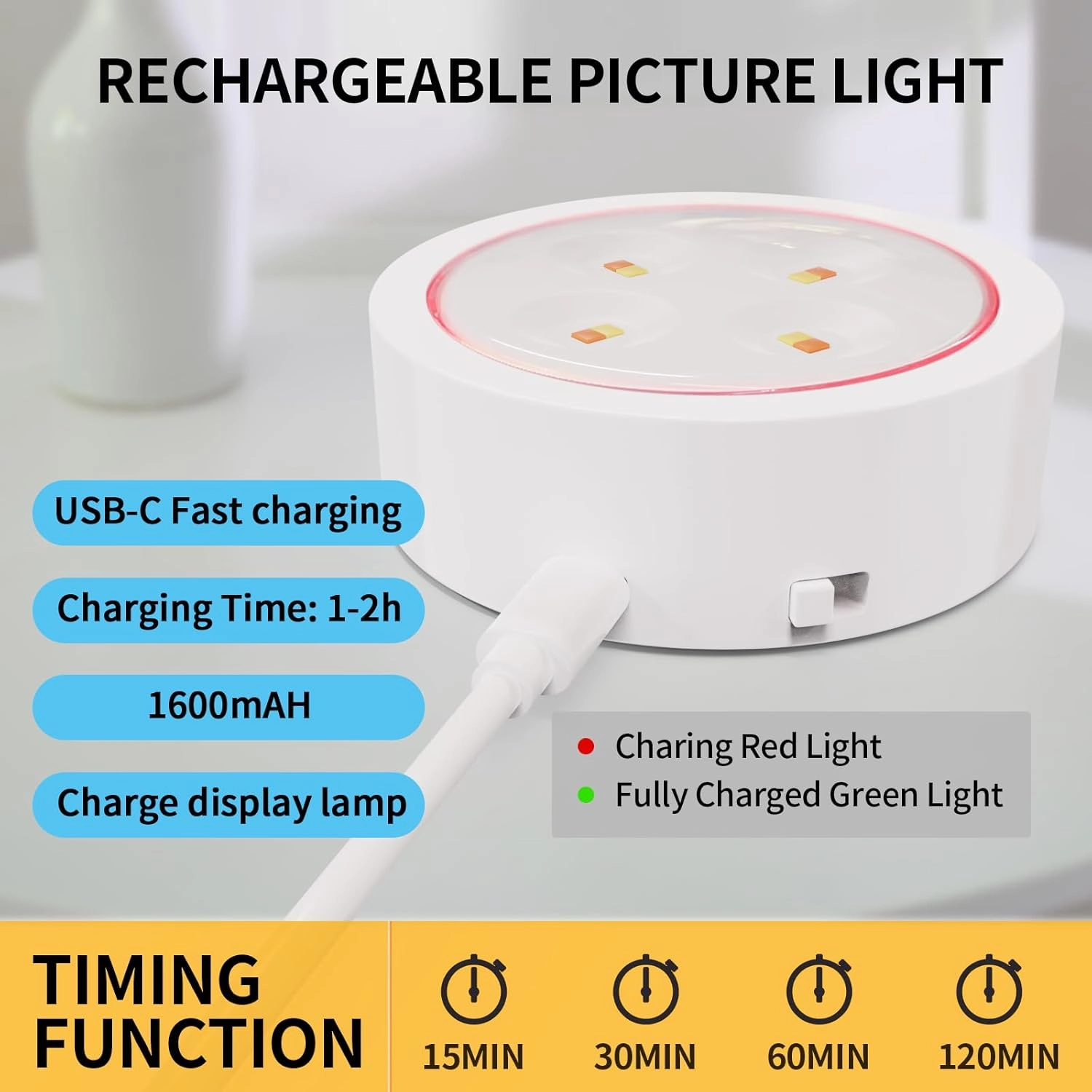 3 Pack Picture Lights for Wall, Rechargeable Battery Operated wall lights, Picture Frame lights with 3 Lighting Modes, Wireless Magnetic Painting Light with Remote Control Timer (White, 3 Pack)