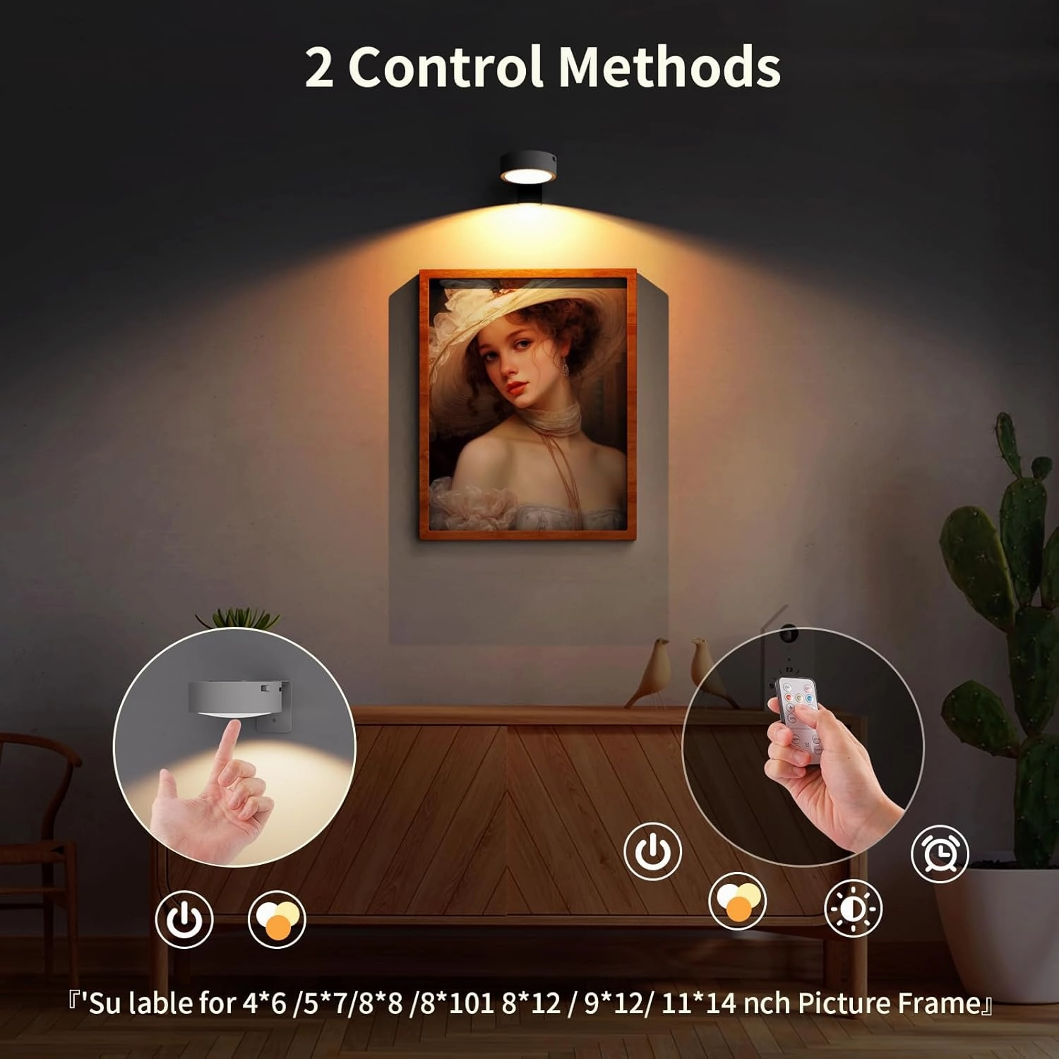 3 Pack Picture Lights for Wall, Rechargeable Battery Operated wall lights, Picture Frame lights with 3 Lighting Modes, Wireless Magnetic Painting Light with Remote Control Timer (White, 3 Pack)