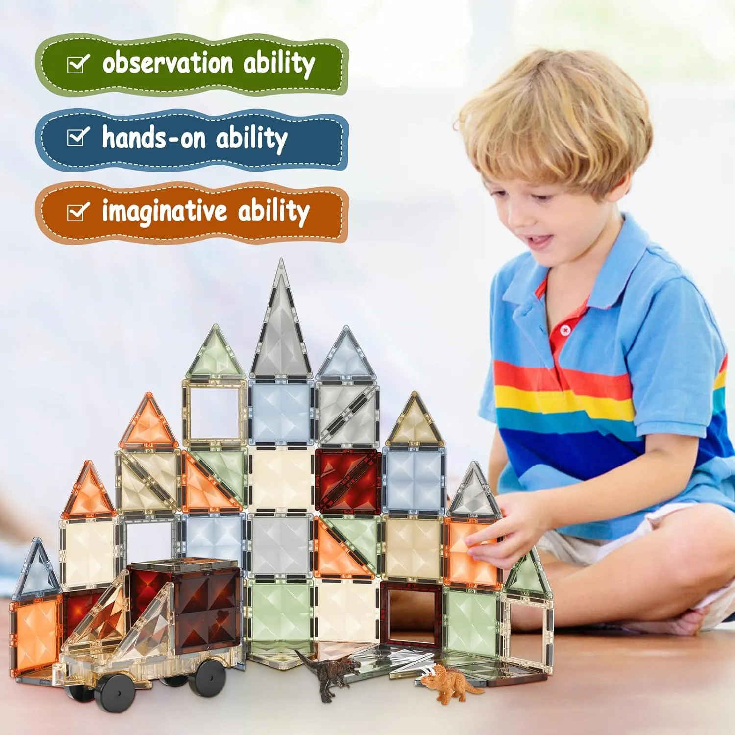 3D Magnetic Tiles, STEM Learning and Encourage Imaginative Play Magnetic Blocks, Preschool Puzzle Toys with Dinosaur, Gift for Boys and Girls 3 4 5 6 7 8 Years 