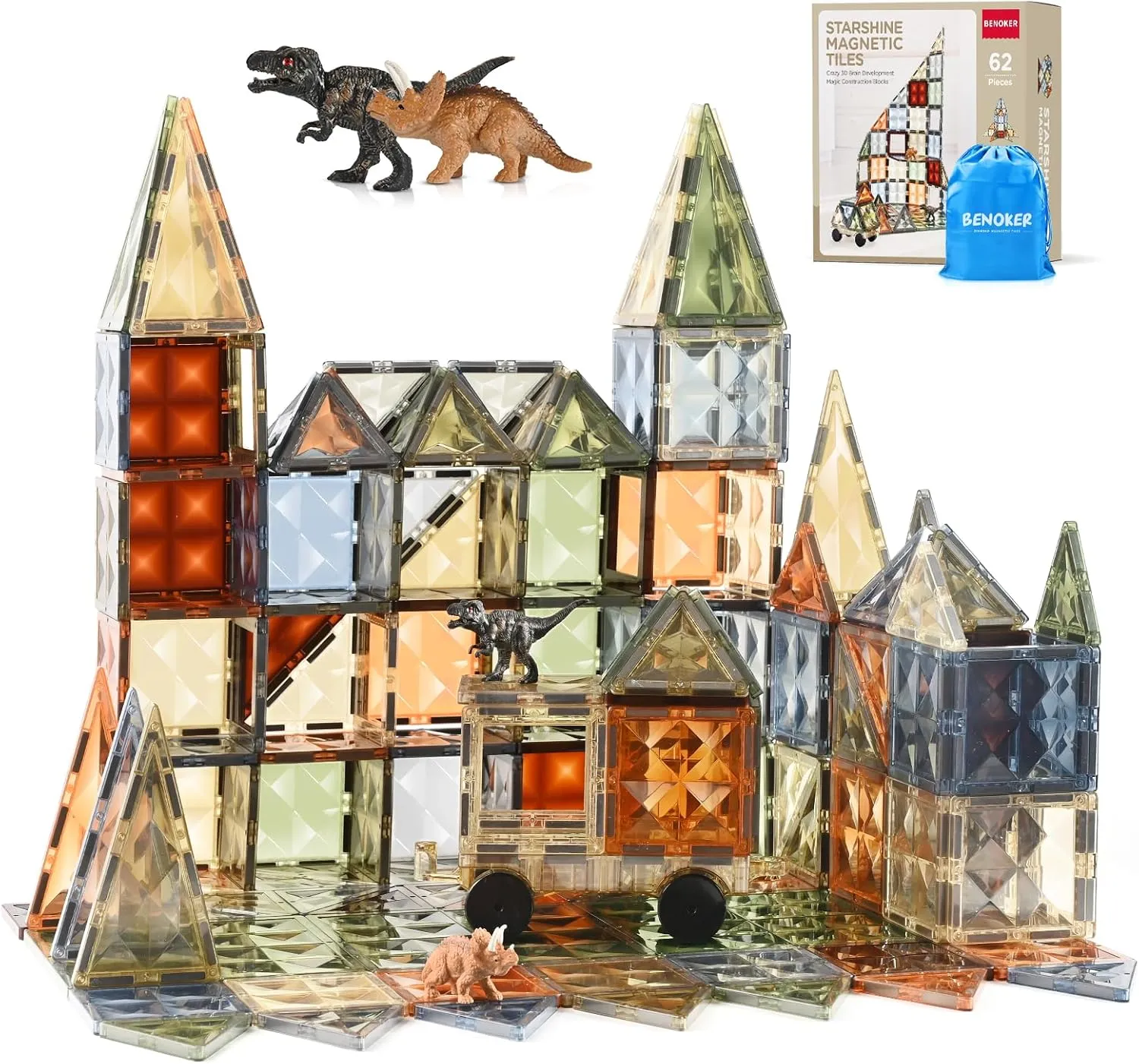 3D Magnetic Tiles, STEM Learning and Encourage Imaginative Play Magnetic Blocks, Preschool Puzzle Toys with Dinosaur, Gift for Boys and Girls 3 4 5 6 7 8 Years 