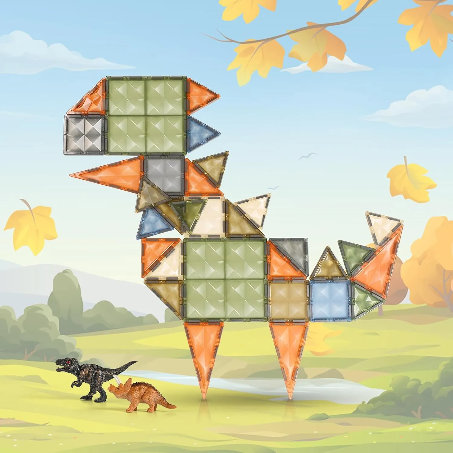 3D Magnetic Tiles, STEM Learning and Encourage Imaginative Play Magnetic Blocks, Preschool Puzzle Toys with Dinosaur, Gift for Boys and Girls 3 4 5 6 7 8 Years 