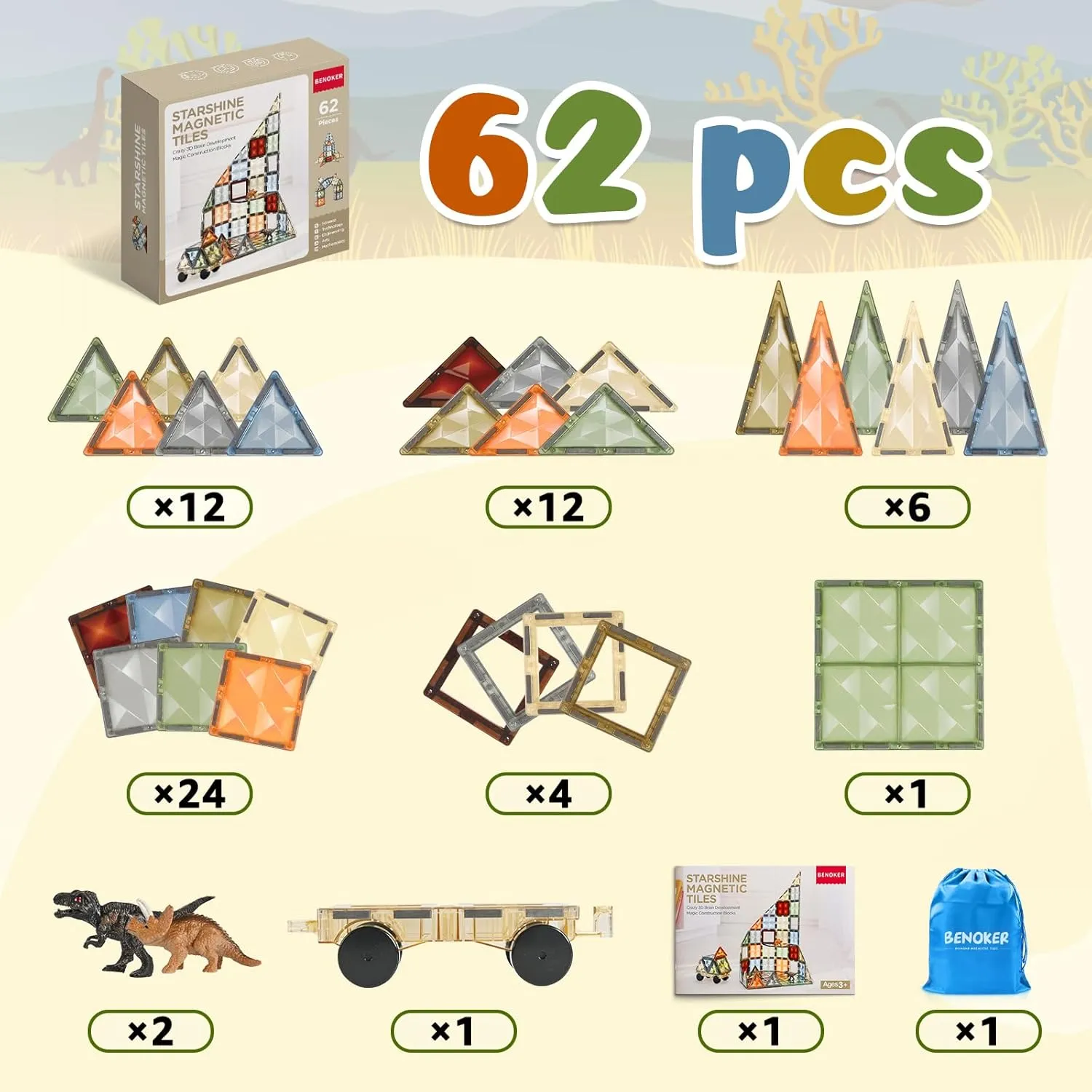 3D Magnetic Tiles, STEM Learning and Encourage Imaginative Play Magnetic Blocks, Preschool Puzzle Toys with Dinosaur, Gift for Boys and Girls 3 4 5 6 7 8 Years 
