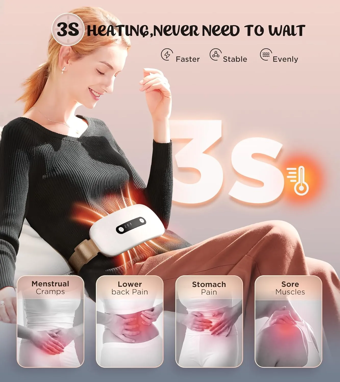 3s Heating Portable Heating Pad for Period Cramps, Magnetic Therapy Heating Pad Relieve Menstrual Back Belly Pain, Mother’s Day Gift for Women Wireless Heating Pads with 3 Heat Levels 3 Massage Modes