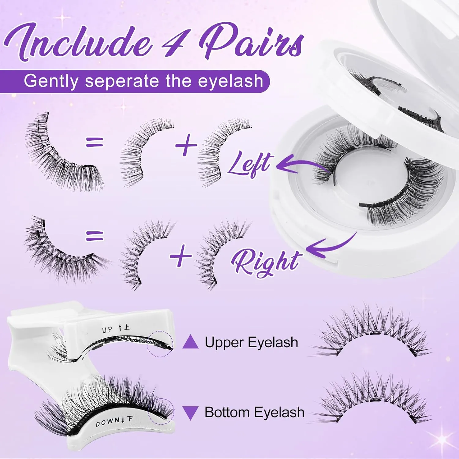4-Pairs Reusable Magnetic Eyelashes with Applicator: Natural Look, Reusable, No Glue or Liner Needed, Wendy, K8 604-1
