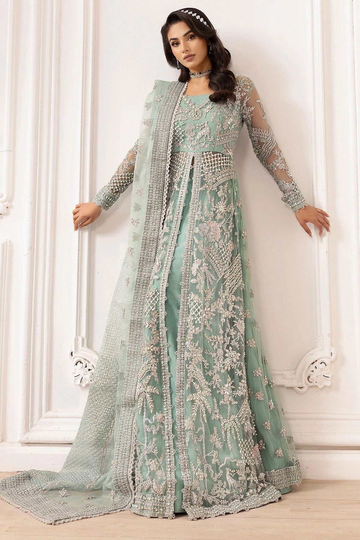 4932-AROOSH EMBROIDERED SILK NET STITCHED
