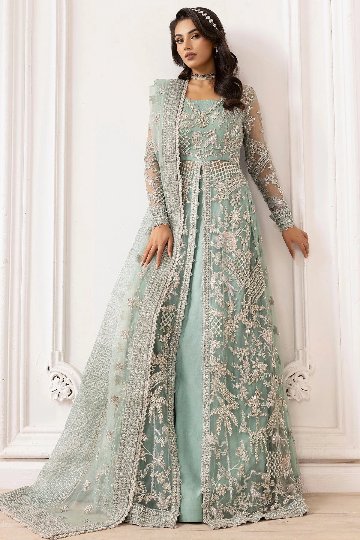 4932-AROOSH EMBROIDERED SILK NET STITCHED