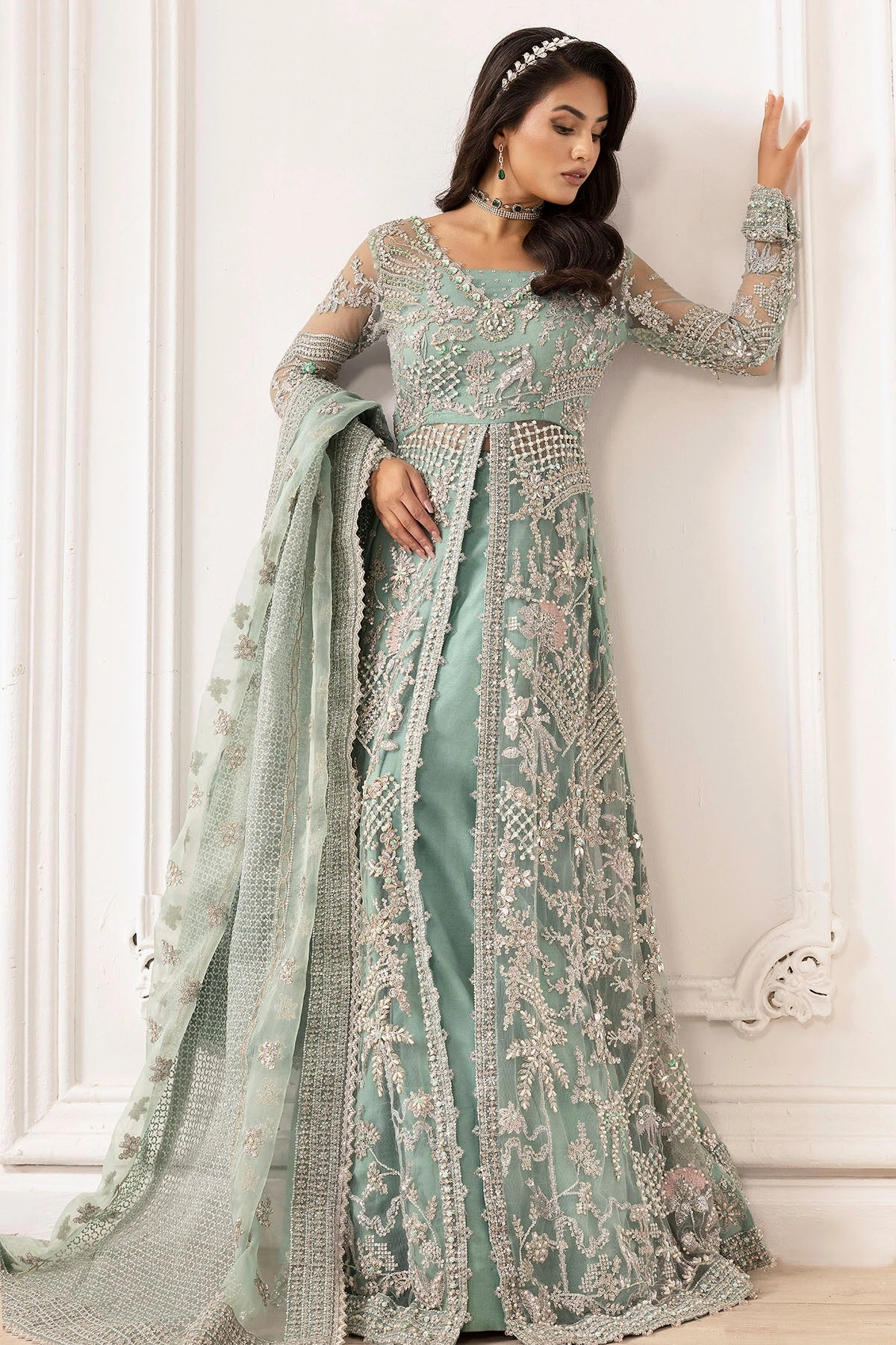 4932-AROOSH EMBROIDERED SILK NET STITCHED