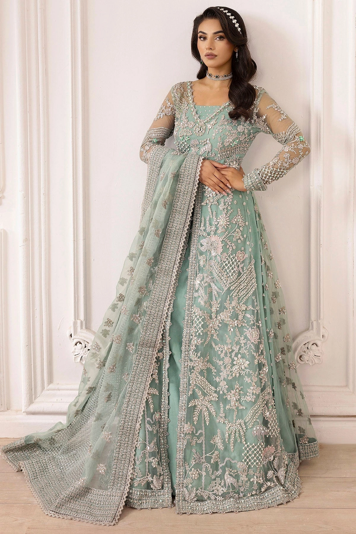 4932-AROOSH EMBROIDERED SILK NET STITCHED