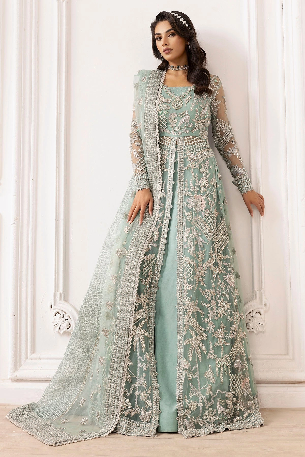 4932-AROOSH EMBROIDERED SILK NET STITCHED