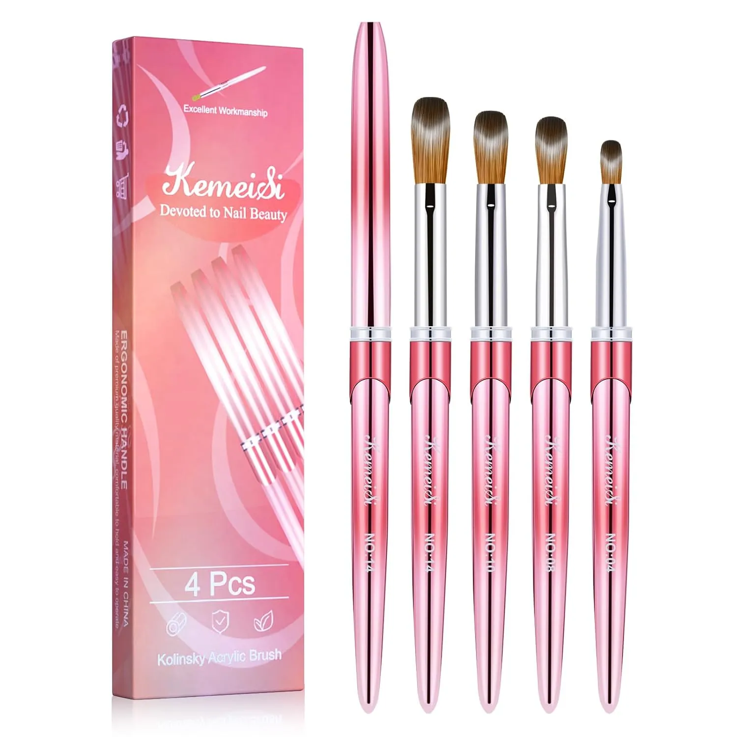 4PCS Acrylic Nail Brush Set, Size 04/08/10/14 Kolinsky Nail Art Brushes for Acrylic Application, Sturdy Handle Oval Shaped Acrylic Powder Nail Design Tools for Professional Manicure DIY Home
