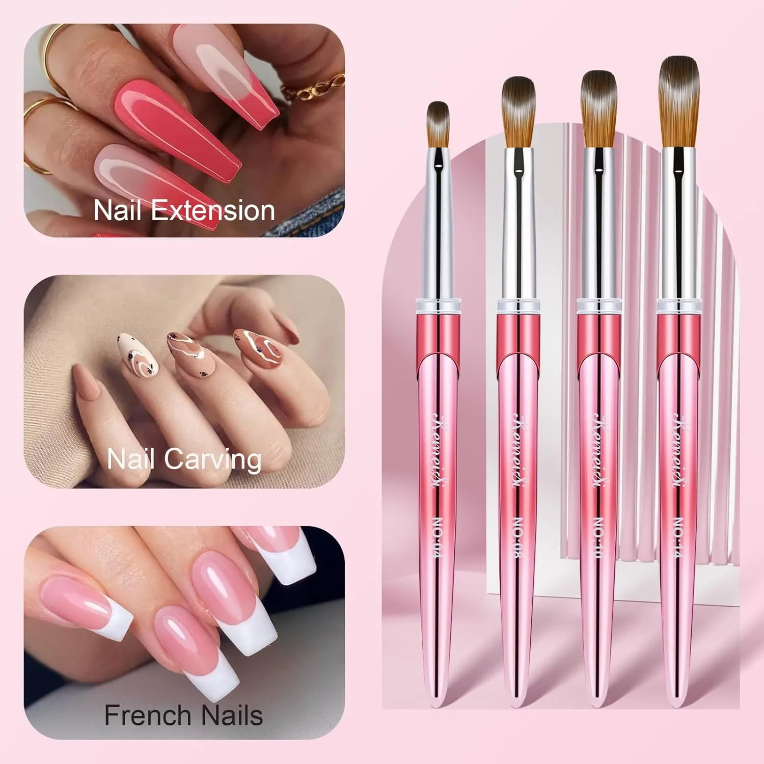 4PCS Acrylic Nail Brush Set, Size 04/08/10/14 Kolinsky Nail Art Brushes for Acrylic Application, Sturdy Handle Oval Shaped Acrylic Powder Nail Design Tools for Professional Manicure DIY Home