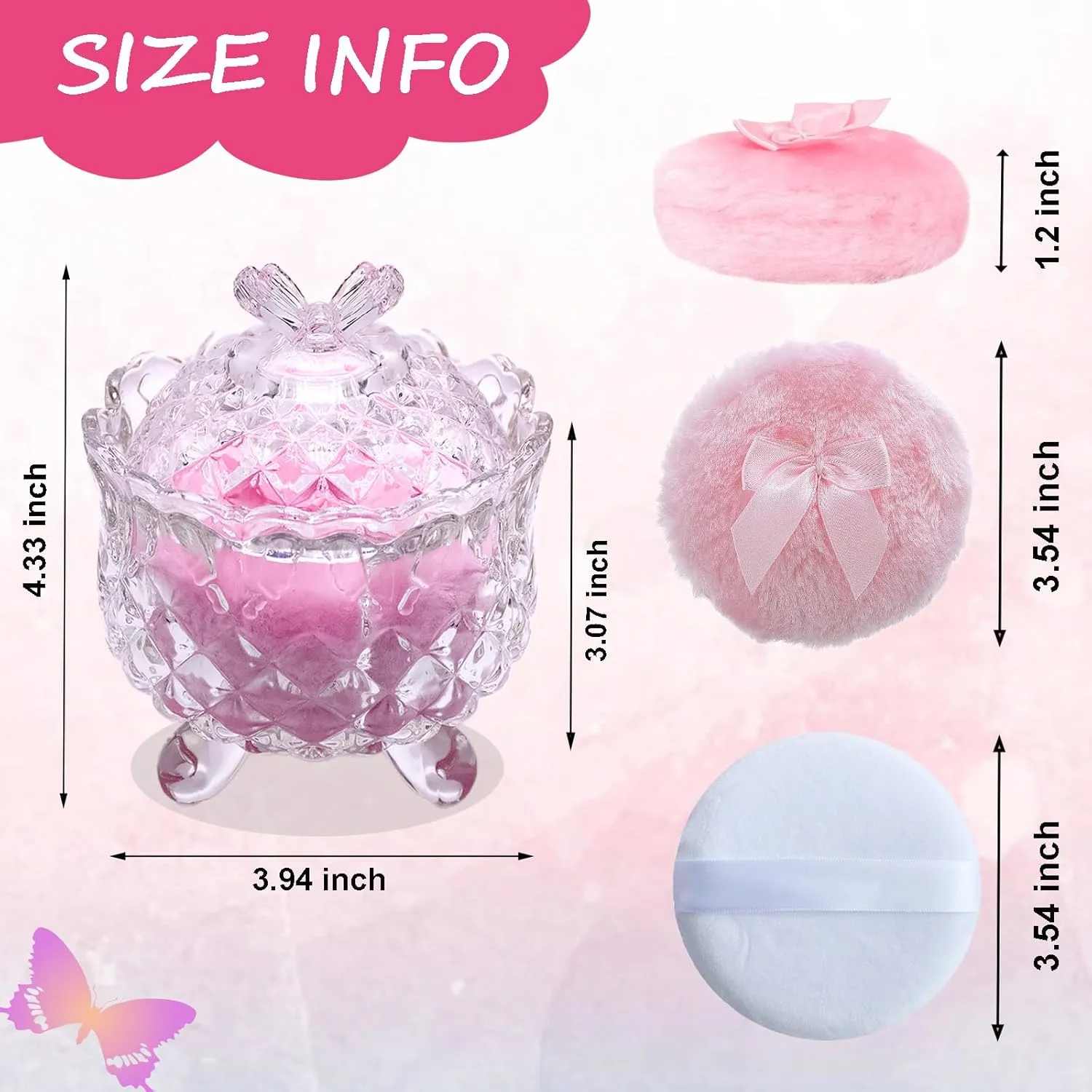 5 Pieces Large Body Powder Puff and Powder Container, Crystal Case for Dust Puff, Powder applicator with Box for Face and Body (Clear, Butterfly)