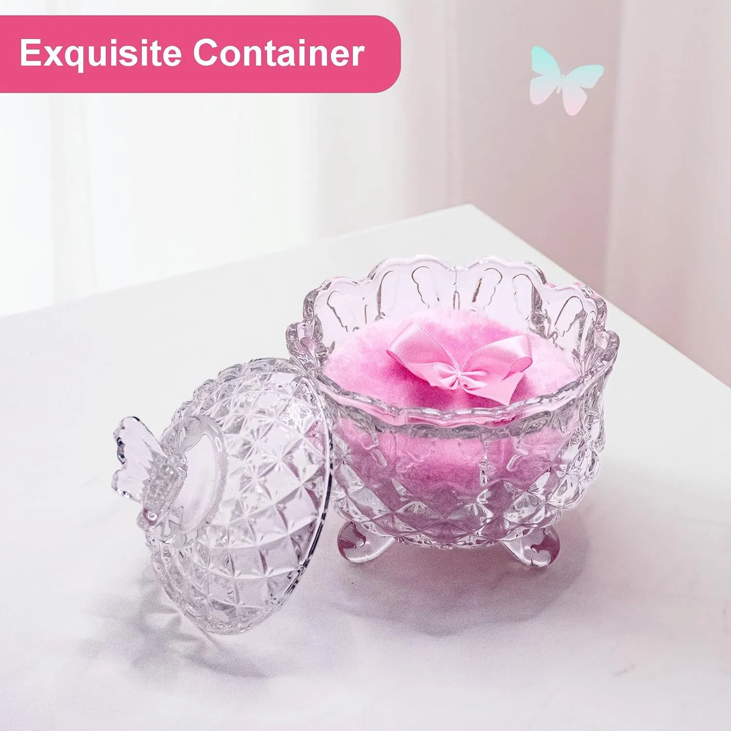 5 Pieces Large Body Powder Puff and Powder Container, Crystal Case for Dust Puff, Powder applicator with Box for Face and Body (Clear, Butterfly)