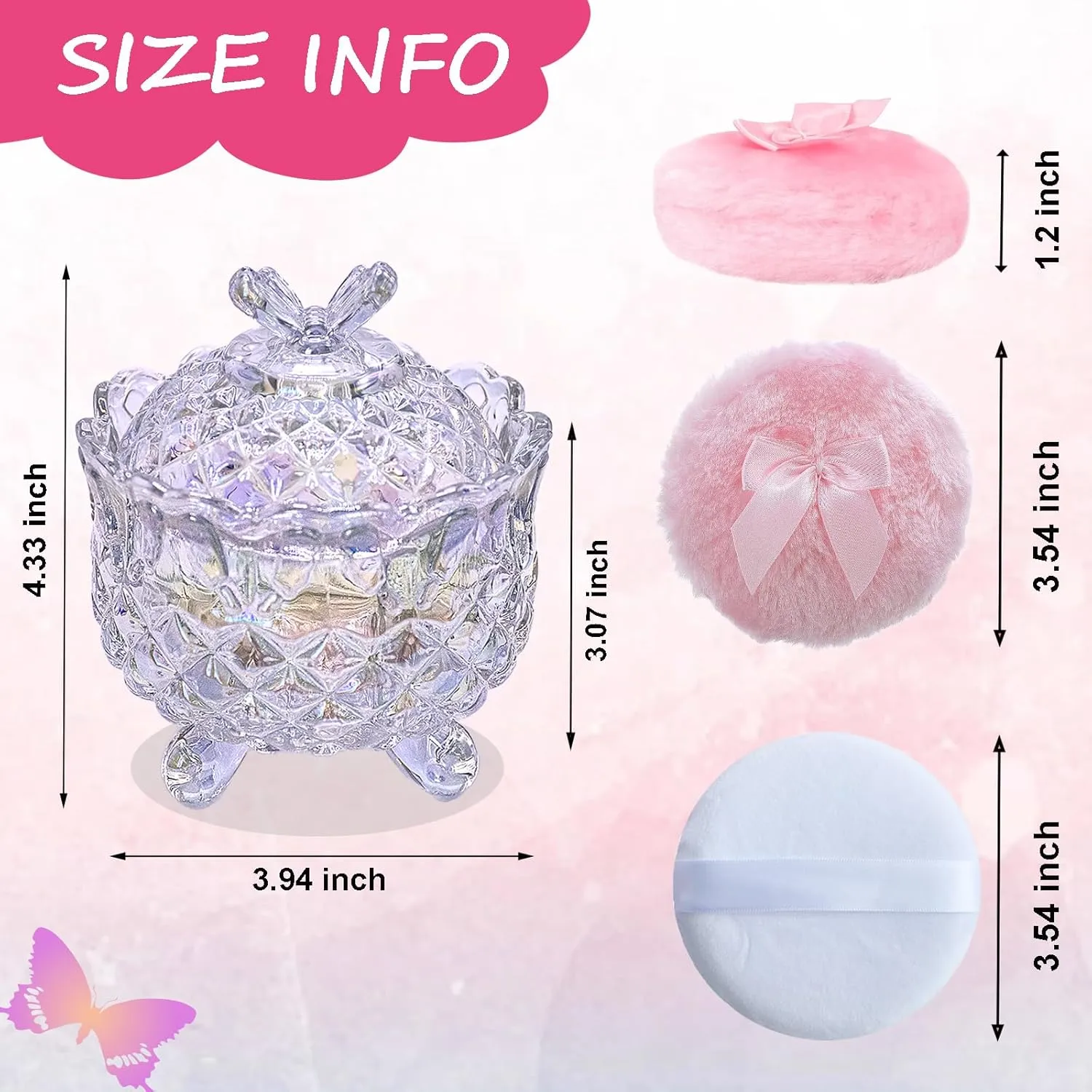 5 Pieces Large Body Powder Puff and Powder Container, Crystal Case for Dust Puff, Powder applicator with Box for Face and Body (Glitter, Butterfly)