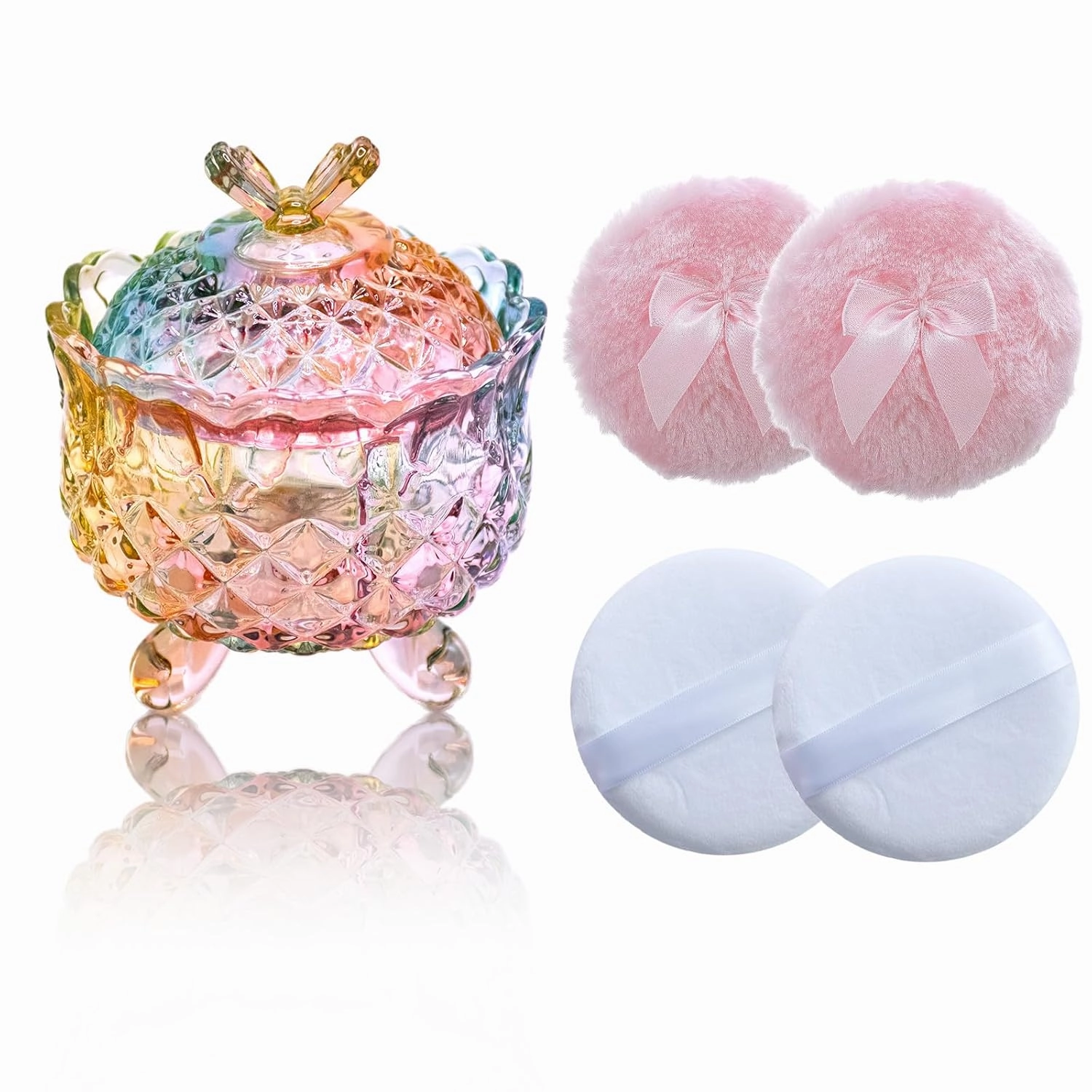5 Pieces Large Body Powder Puff and Powder Container, Crystal Case for Dust Puff, Powder applicator with Box for Face and Body (Color, Butterfly)